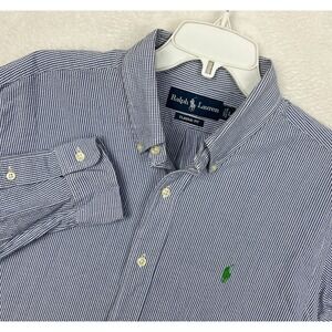 Ralph Lauren Seersucker Button Down Shirt Mens Large Blue Green Pony Long Sleeve